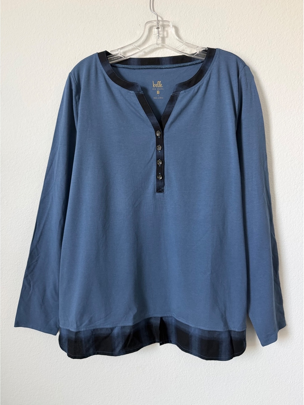 Belle by Kim Gravel Long Sleeve Henley Neck Buffalo Plaid Trim Blue Shirt Size L